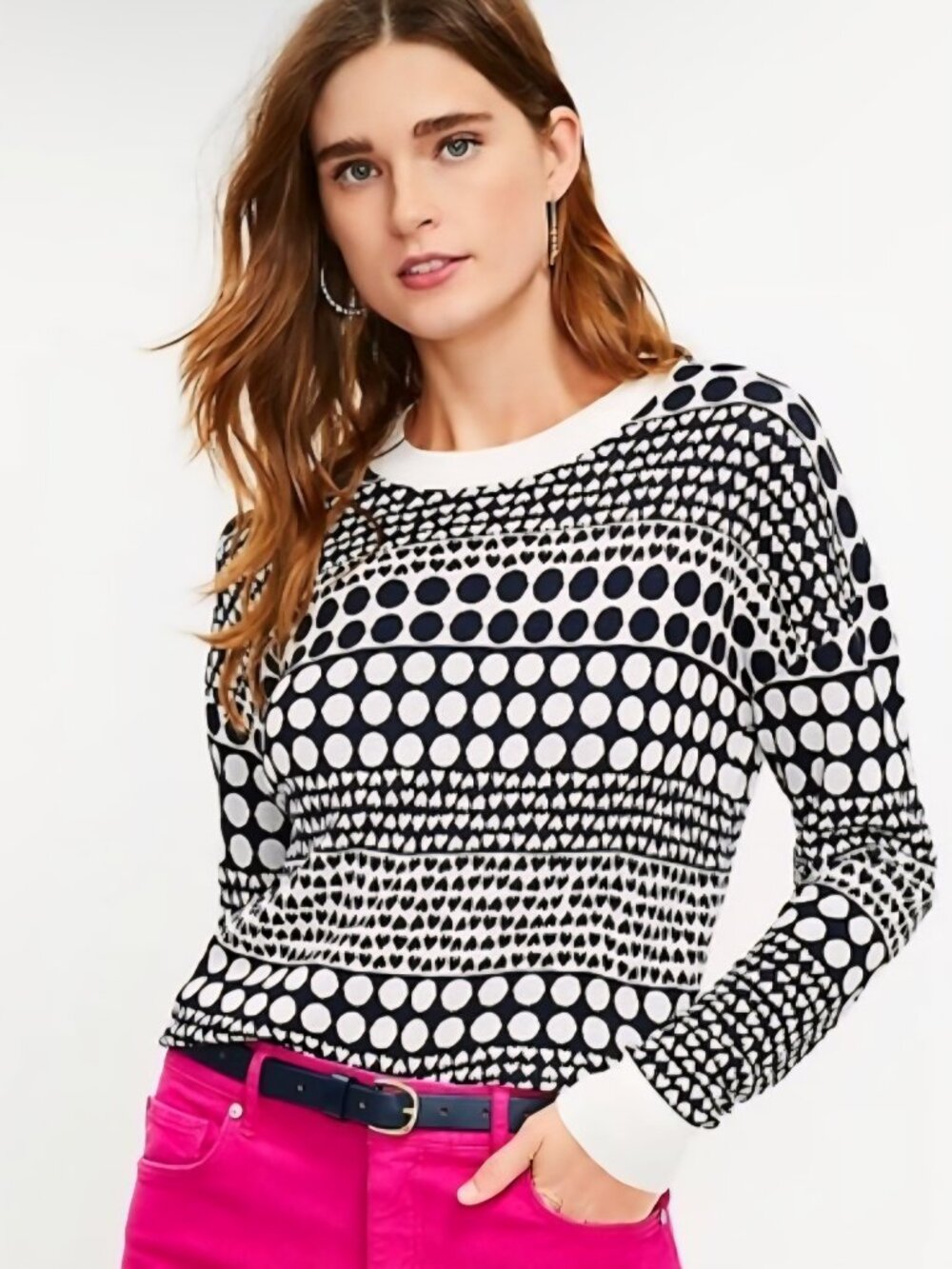 LOFT Black White Geometric Crewneck Sweater Size M Hearts Polka Dots